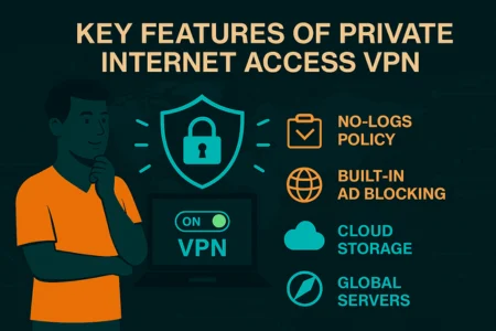 "Infographic showing a person beside a laptop with a VPN shield icon, highlighting key features of Private Internet Access VPN including no-logs policy, built-in ad blocking, cloud storage, and global servers, set against a tech-themed background."