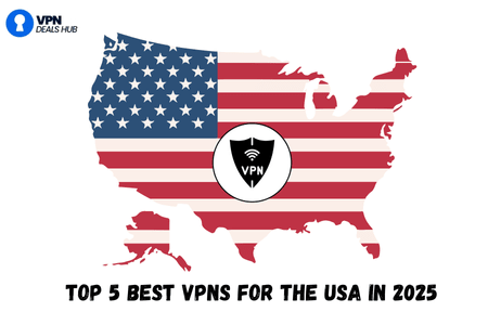 A graphic featuring the outline of the United States filled with the American flag. In the center, there is a circular logo depicting a "VPN" symbol. Below the graphic, the text reads "TOP 5 BEST VPNS FOR THE USA IN 2025." The logo in the top left corner indicates the source as "VPN Deals Hub.