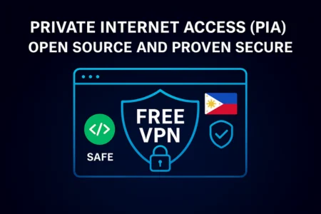 Infographic promoting Private Internet Access (PIA) VPN, featuring a browser window with a VPN shield, open-source symbol, security checkmark, and Philippine flag.