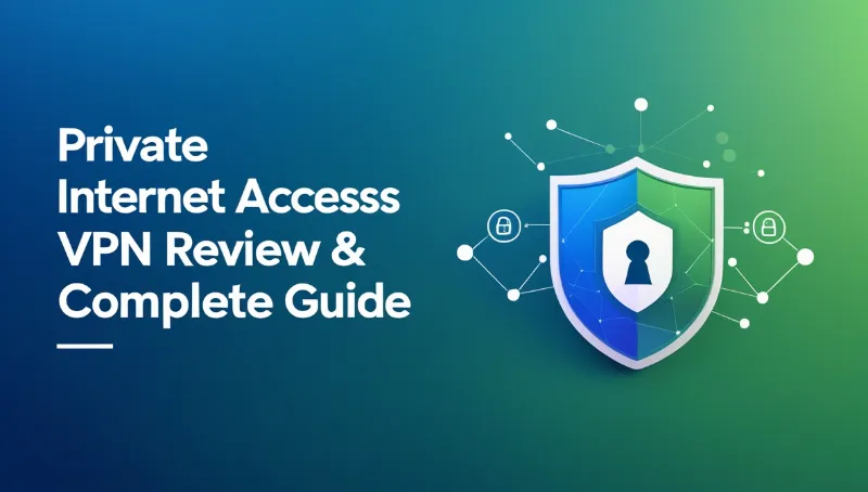 Graphic of a shield with a keyhole surrounded by network icons, alongside text "Private Internet Access VPN Review & Complete Guide