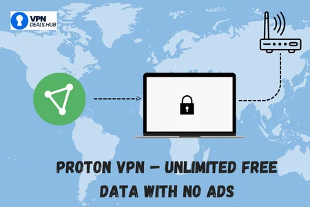 Illustration showing Proton VPN logo connected to a laptop with a lock icon on the screen and a Wi-Fi router, placed over a world map background. Text at the bottom reads: 'Proton VPN – Unlimited Free Data With No Ads.' VPN Deals Hub logo appears in the top-left corner.