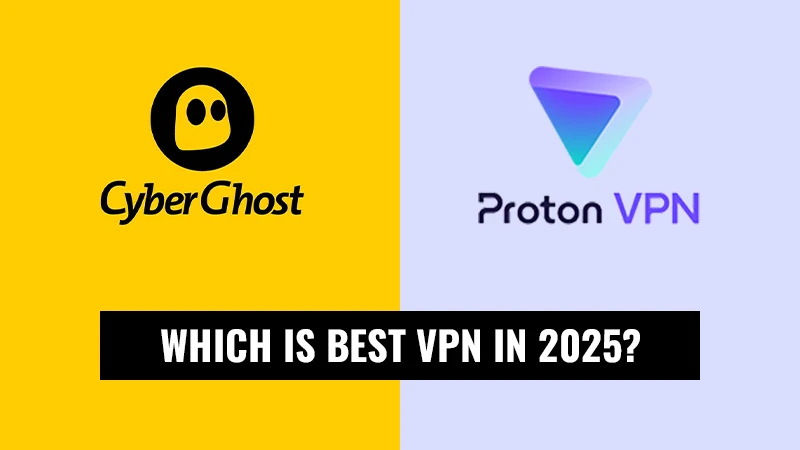 Comparison image showing CyberGhost VPN logo on the left with a yellow background and Proton VPN logo on the right with a light purple background. At the bottom, bold black banner with white text asks: 'Which is best VPN in 2025?'