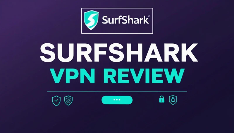 A graphic featuring the SurfShark logo at the top, followed by the text "SURFSHARK VPN REVIEW" in large, bold letters. The text is colored primarily in white with a light green accent. Below the main text, there are icons representing security, including a shield and a padlock, set against a dark purple background.