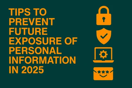 "Visual guide showing types of personal data removable from Google in 2025—profile info, phone number, location, and financial details—on dark green background with bold orange icons."