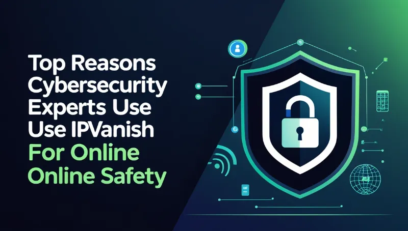 Illustration of a shield with a padlock surrounded by digital icons, with text "Top Reasons Cybersecurity Experts Use IPVanish For Online Safety.