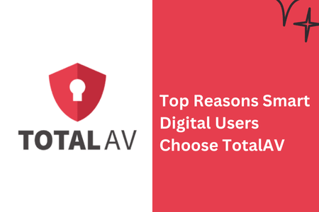Split background with white on the left and red on the right. On the left, a red shield logo with a keyhole and the text "TOTAL AV." On the right, bold white text reads "Top Reasons Smart Digital Users Choose TotalAV.