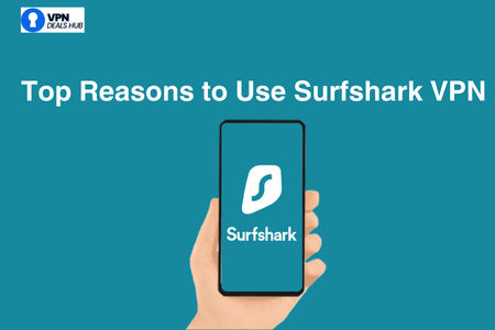 A hand holding a smartphone displaying the Surfshark VPN logo on the screen. The background is a solid teal color with the text "Top Reasons to Use Surfshark VPN" prominently displayed above the phone. The logo for VPN Deals Hub is in the top left corner.