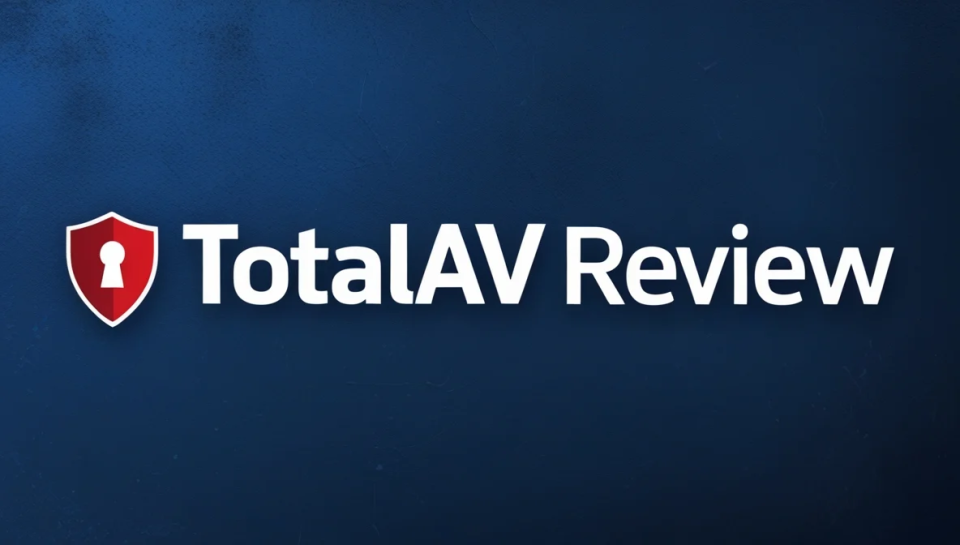 The image features the text "TotalAV Review" in bold white font on a dark blue background. To the left of the text is a red shield icon with a keyhole symbol.