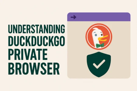 A graphic showing a web browser window with the DuckDuckGo logo (a duck wearing a green bow tie) inside a red circle, accompanied by a shield icon with a checkmark on it, symbolizing security or privacy. To the left, large bold text reads "UNDERSTANDING DUCKDUCKGO PRIVATE BROWSER." The browser window's tab is purple with a right arrow icon. The overall design represents privacy and security features of the DuckDuckGo browser.