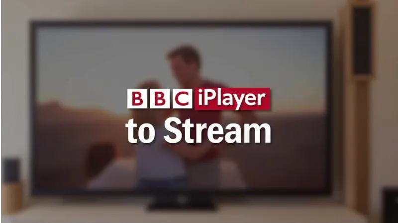 Graphic featuring a television displaying a couple, with the text 'BBC iPlayer to Stream' overlaid, set against a blurred living room background.
