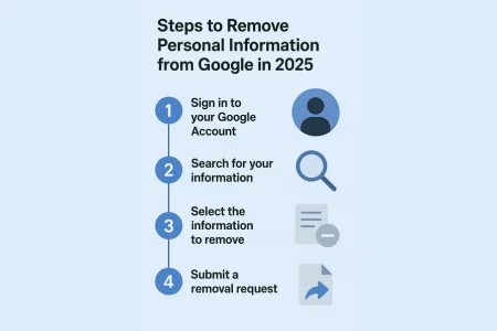 Infographic showing 4 steps to remove personal information from Google in 2025: sign in, search data, select items, and submit removal request."