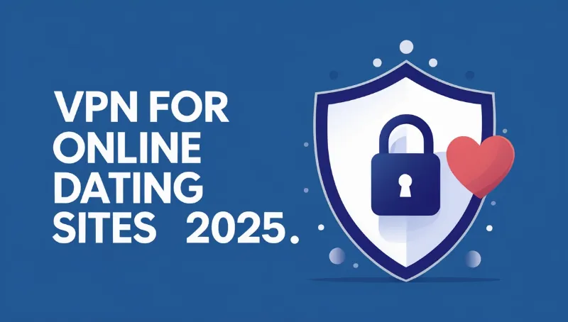Blue background with bold white text reading ‘VPN for Online Dating Sites 2025’. Center-right features a shield icon with a padlock and red heart, symbolizing secure and private access to dating platforms.