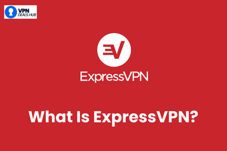 A graphic featuring a red background with the ExpressVPN logo—a stylized 'E' inside a circle—and the text "What Is ExpressVPN?" in bold white letters. The top left corner displays a small logo for VPN Deals Hub.