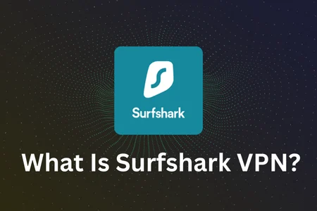 A graphic featuring the Surfshark VPN logo, which is a light blue square with a white stylized 'S' in the center. Below the logo, there is bold text that reads, "What Is Surfshark VPN?" The background has a gradient that transitions from dark to light, with a pattern of radiating lines.