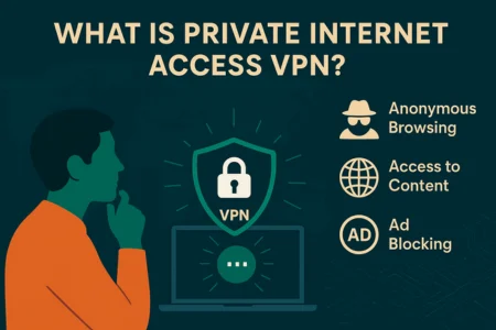 Alt text: Flat design infographic titled “What is Private Internet Access VPN?” showing a person in an orange shirt thinking on the left, a laptop with a glowing VPN shield and padlock in the center, and three feature icons on the right — spy icon for Anonymous Browsing, globe icon for Access to Content, and “AD” blocked icon for Ad Blocking — all on a dark teal tech-themed background.