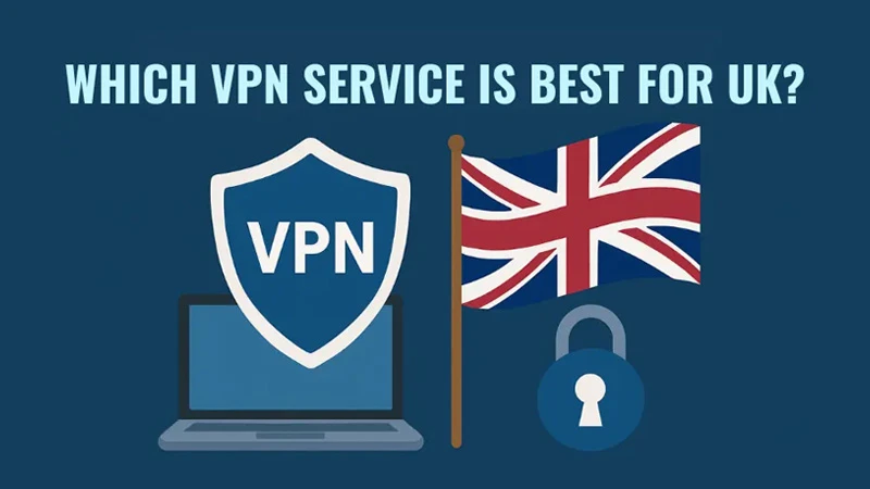 A digital illustration with the text "WHICH VPN SERVICE IS BEST FOR UK?" at the top. Below the text, there is a laptop with a large shield icon labeled "VPN," a British flag on a pole, and a padlock. The color scheme is blue, and the image suggests security, privacy, and UK-specific VPN services.
