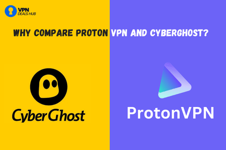 Graphic comparing CyberGhost and ProtonVPN, featuring the CyberGhost logo on the left (black and yellow background) and the ProtonVPN logo on the right (purple background). The text at the top reads "WHY COMPARE PROTON VPN AND CYBERGHOST?" and is situated above the logos. The source is labeled as "VPN DEALS HUB.