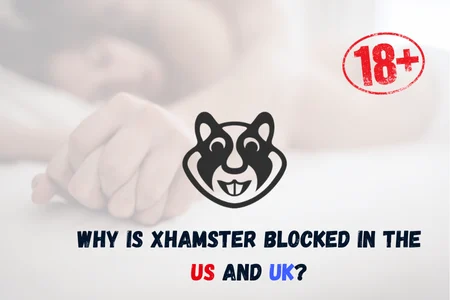Image with blurred background of a couple in bed, a cartoon hamster logo in the center, and text that reads 'Why is xHamster blocked in the US and UK?' with a red '18+' stamp in the top right corner.