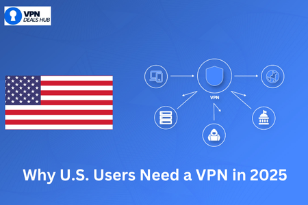 Blue background graphic with the U.S. flag on the left and a central VPN shield icon connected to five smaller icons representing security, privacy, and online access. Text at the bottom reads 'Why U.S. Users Need a VPN in 2025,' with the VPN Deals Hub logo in the top left corner.