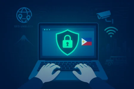 Illustration of a person using a laptop with a glowing VPN shield icon and Philippine flag, surrounded by icons for geo-unblocking, privacy protection, secure public Wi-Fi, and Philippine landmarks on a deep blue cyber-themed background."