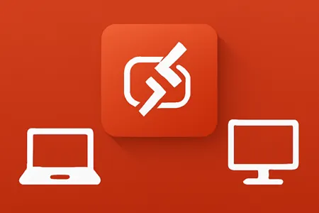 The image has a solid orange background.
In the center, there is an orange square icon with a white broken chain link symbol inside it.
To the left of the icon, there is a white outline of a laptop.
To the right of the icon, there is a white outline of a desktop computer monitor.
The overall image suggests a theme related to broken connections or link failures between devices such as a laptop and a desktop.