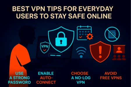 "Infographic showing a person using a laptop with a glowing VPN shield icon, surrounded by illustrated tips including use a strong password, enable auto-connect, choose a no-log VPN, and avoid free VPNs, set against a dark tech-themed background."