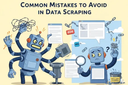 An illustration titled "Common Mistakes to Avoid in Data Scraping." On the left, a multi-armed blue robot is in a state of chaos, tangled in barbed wire, dropping a server block, and struggling with a data funnel, surrounded by orange warning sparks. On the right, another blue robot looks sad and confused, holding a broken chain link and a magnifying glass, with a bucket labeled "RATE LIMIT EXCEEDED" filled with broken data fragments. Above them, various web browser windows display error messages like "404" and broken links, illustrating common data scraping pitfalls. The background is a light blue sky.