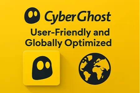 The image has a yellow background. At the top, there is a black logo of CyberGhost, which looks like a ghost with two oval-shaped eyes. Below the logo, the text reads: "CyberGhost User-Friendly and Globally Optimized" in black font. At the bottom left, there is a square icon with rounded edges featuring the same ghost logo. At the bottom right, there is a black globe icon showing continents in yellow.