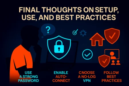 Illustration of a person using a laptop with a glowing VPN shield icon, surrounded by icons labeled easy to set up, versatile at home, and follow best practices, set against a tech-themed background with circuit patterns."