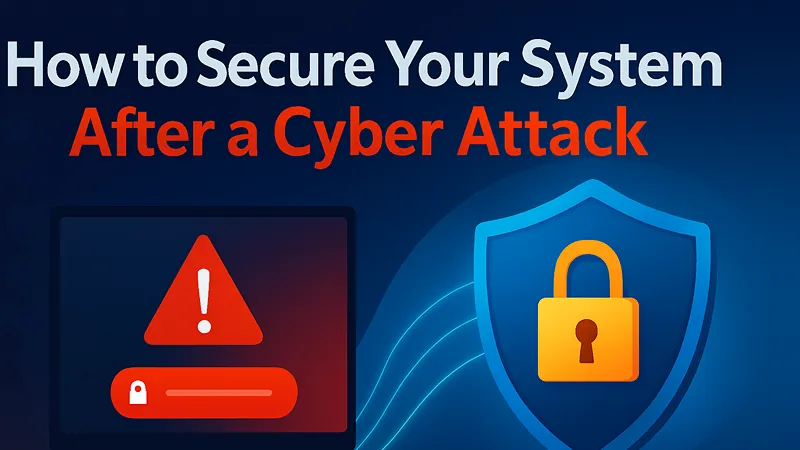 Text reading "How to Secure Your System After a Cyber Attack" with "After a Cyber Attack" highlighted in red. The image also features a red warning triangle with an exclamation mark inside on the left, and a blue shield with a yellow padlock symbol on the right, symbolizing protection and security. The background is dark blue with subtle wave patterns.