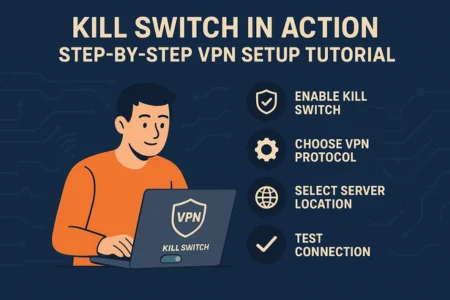 "Digital illustration of a VPN kill switch tutorial showing a user in an orange shirt setting up a VPN on a laptop with a glowing shield and kill switch toggle on, step-by-step icons for enabling kill switch, choosing VPN protocol, selecting server location, and testing connection, with circuit lines and broken connection visuals in the background."