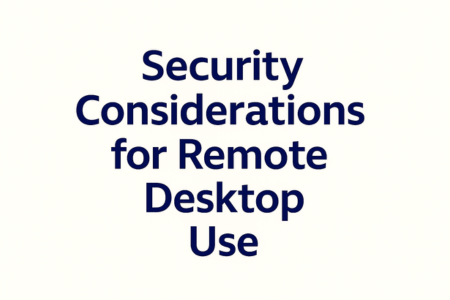 "Digital graphic with centered dark blue title 'Security Considerations for Remote Desktop Use' on a light beige background. Text is arranged in three lines using bold, modern sans-serif font for clarity and emphasis."