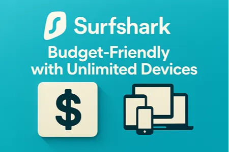 The image features the Surfshark logo and branding. Text reads: "Surfshark Budget-Friendly with Unlimited Devices". There is a large dollar sign symbol on the left. On the right, there are icons representing multiple devices such as a smartphone, tablet, and laptop, indicating support for unlimited devices. The background color is a gradient of blue tones.