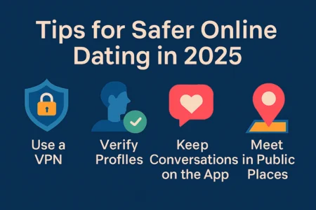 Full-width landscape infographic with four safety tips for online dating in 2025: use a VPN, verify profiles, keep conversations on the app, and meet in public places. Icons include a shield with padlock, profile with checkmark, heart bubble, and map pin.
Let me know if you want these in Hindi or need alt tags tailored for specific platforms like WordPress, Shopify, or social media.