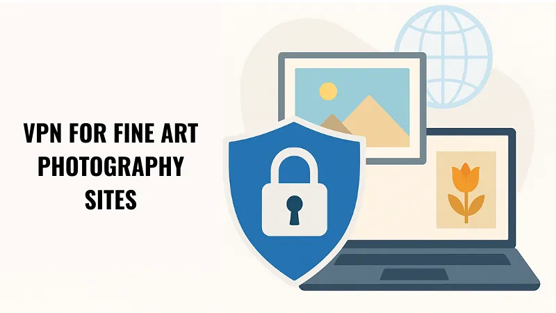Illustration representing VPN usage for fine art photography sites. On the left side, the text "VPN FOR FINE ART PHOTOGRAPHY SITES" is displayed in bold black letters. On the right side, there is a laptop displaying two framed images—a landscape photo with a sun and mountains, and a flower illustration—along with a blue shield featuring a white padlock symbol in front of the laptop, symbolizing security. Behind the laptop, there is a faint globe icon, representing internet connectivity. The overall color scheme is light and muted.
