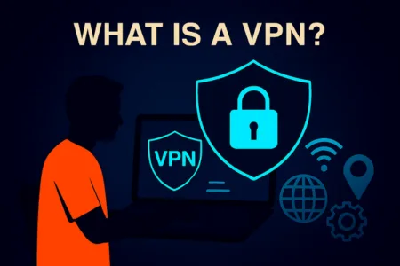 Illustration of a person using a laptop with a glowing VPN shield icon, surrounded by icons representing privacy, secure connection, geo-unblocking, and anonymous browsing, set against a tech-themed background with circuit patterns and global map pins.